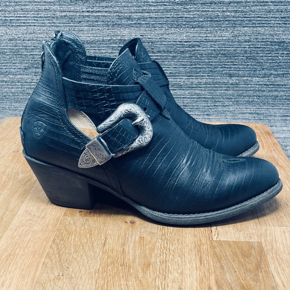 Ariat Dulce Booties Women 8 Black Embossed Leather Cutout Western Buckle Ankle